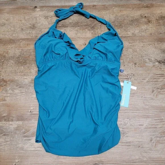 Birdsong Size 34G Teal Blue Ruffle Halter Underwire Tankini Swim Top Ruched - Picture 4 of 11